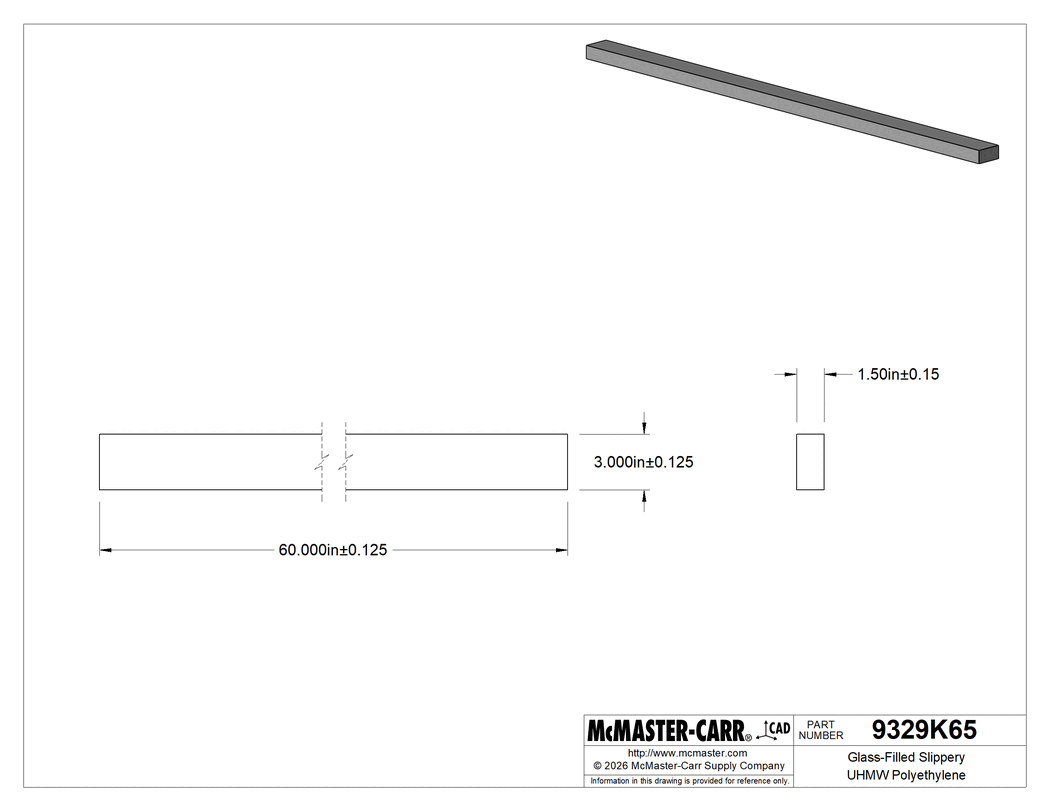 Technical Drawing of Glass-Filled Slippery UHMW Polyethylene, Abrasion-Resistant, 1-1/2" Thick, 3" Wide, 5 Feet Long.